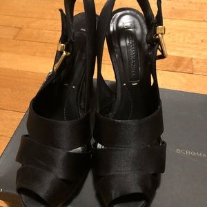 BCBG Max Aria used very good cond satin peek toe black heels size 36 1/2 heel 4”
